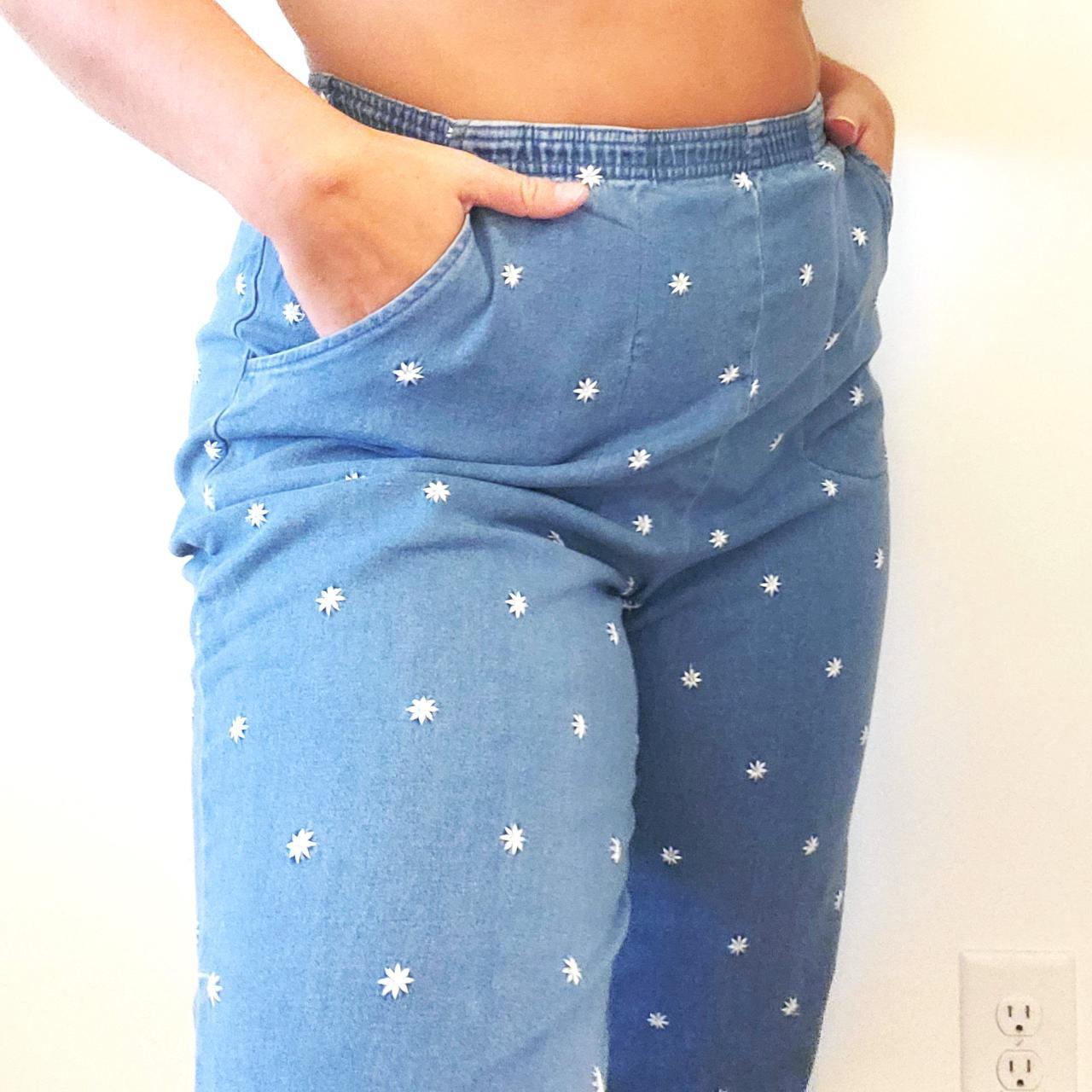 Blue denim pants with embroidered daisies! Super... - Depop