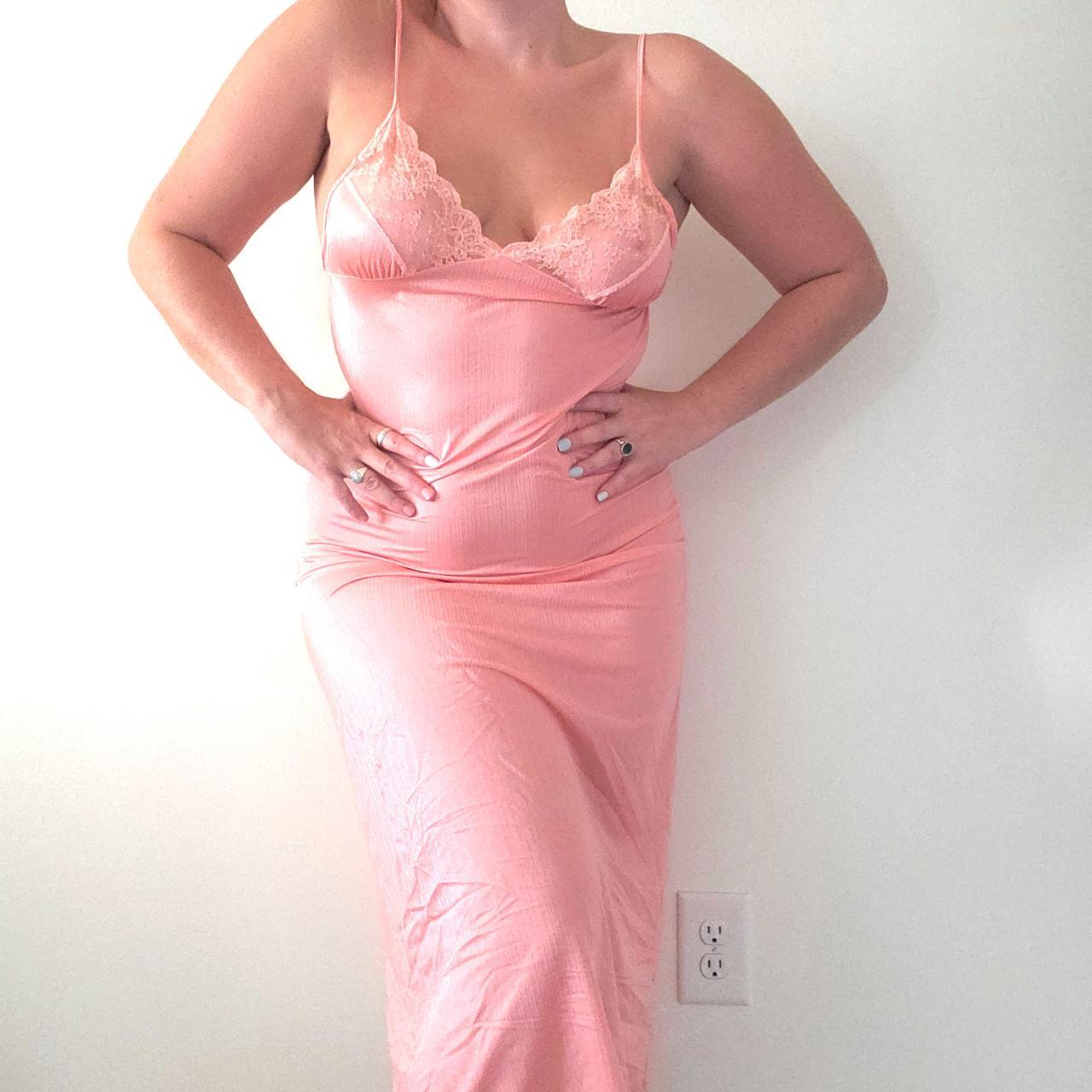 Baby pink full length slip dress with lace along the... Depop
