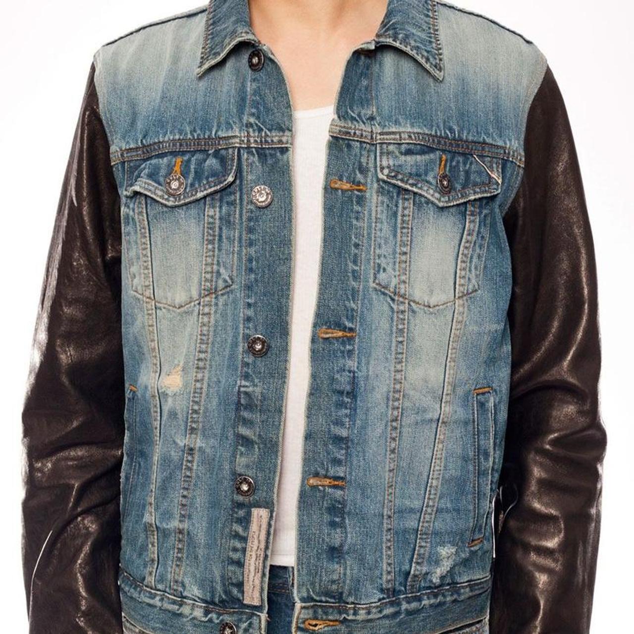 Mens Vintage Look Denim Jacket with Patches and Leather Sleeves in Washed Brown