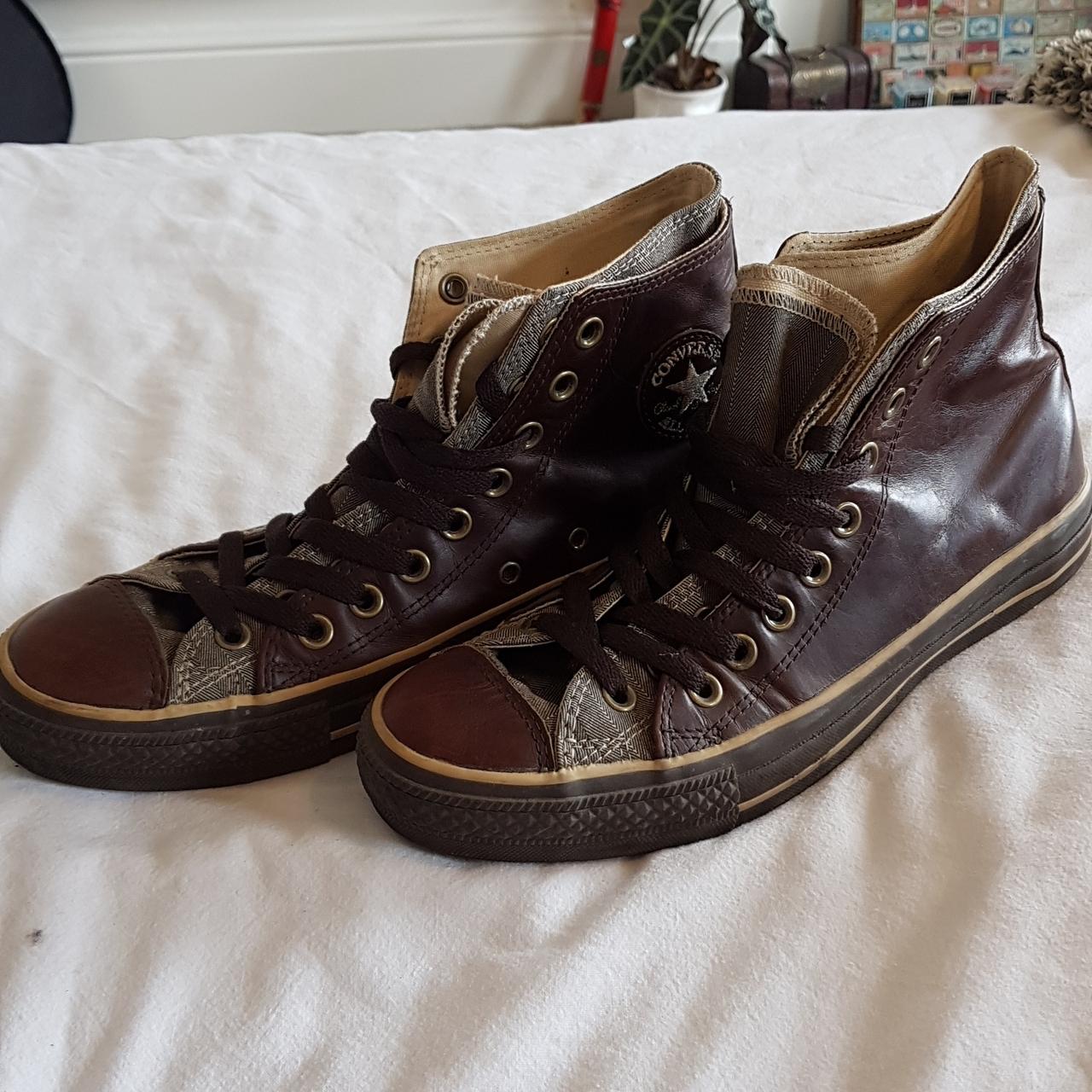 Brown leather converse with detailing. Mens size 8 - Depop