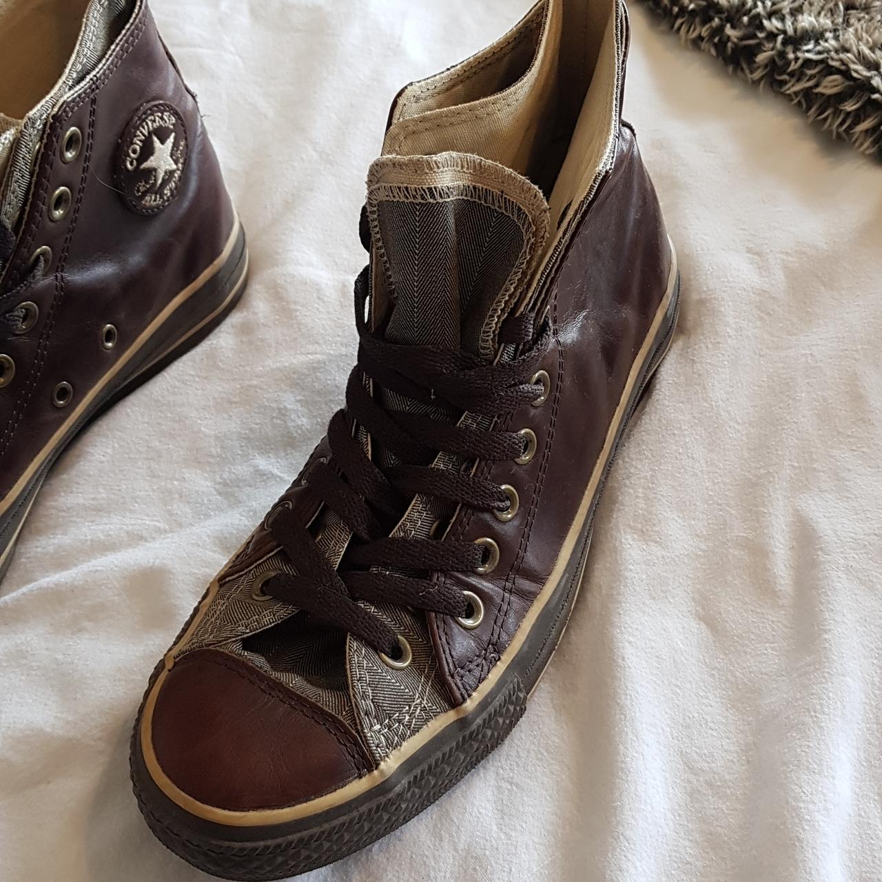 Brown leather converse with detailing. Mens size 8 - Depop