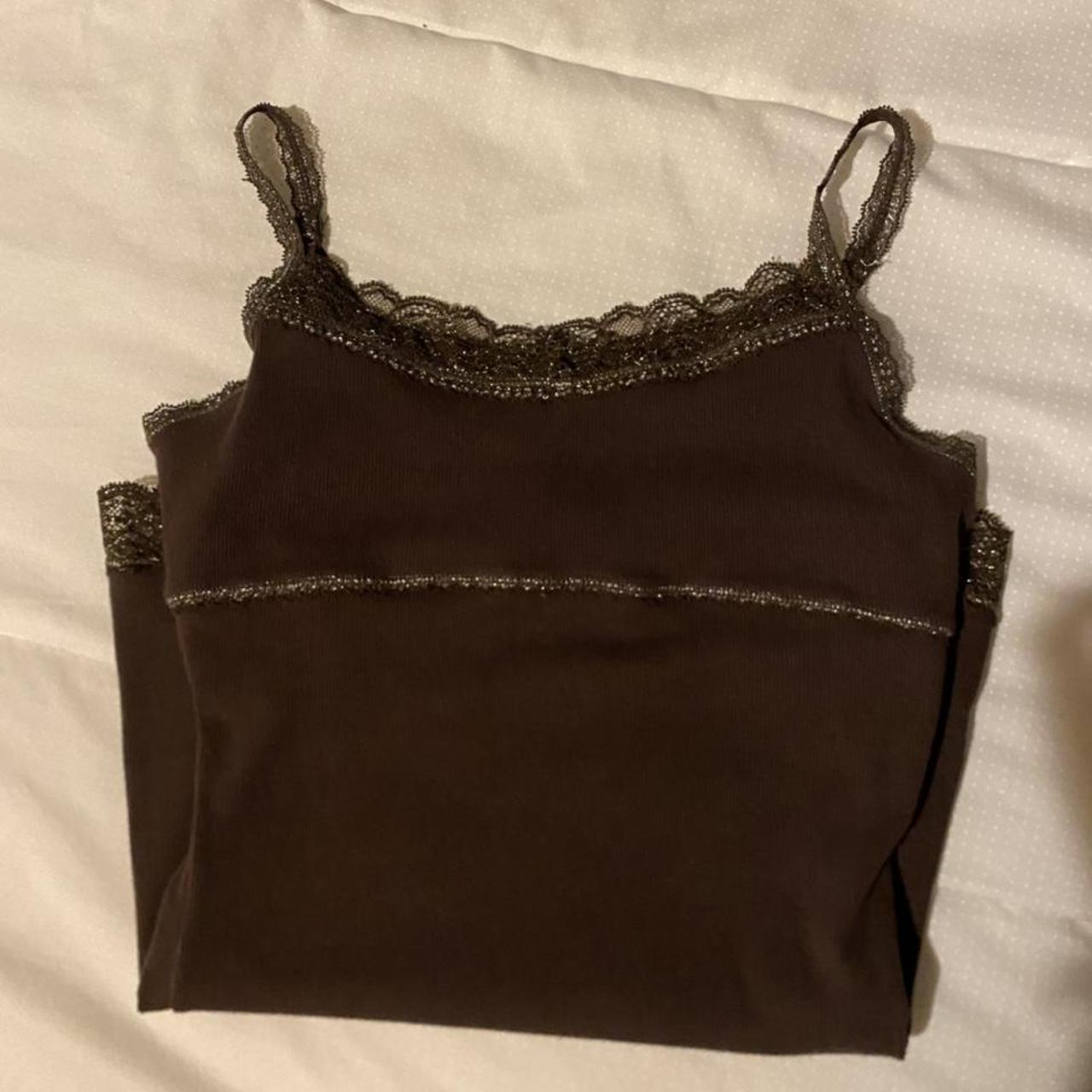 Justice Chocolate Brown Cami with Glittery Lace... - Depop