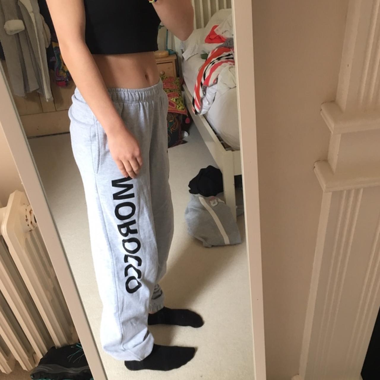 Grey baggy tracksuit bottoms MOROCCO written down... - Depop