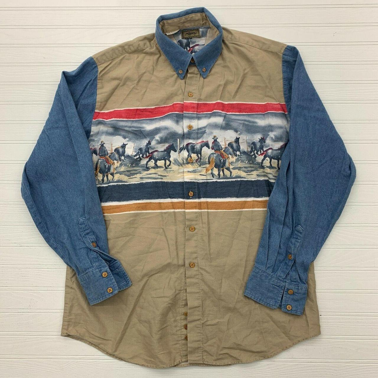 Vintage Roper Cowboy Horse Graphic Beige Button Down... - Depop