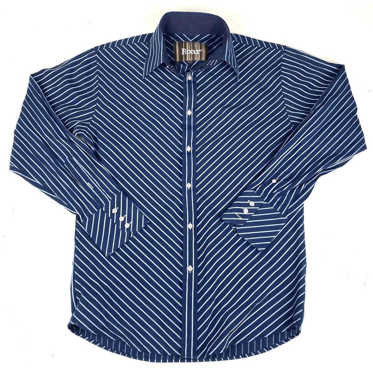 Roar Button Up Shirt Mens Medium Blue Striped Long... Depop