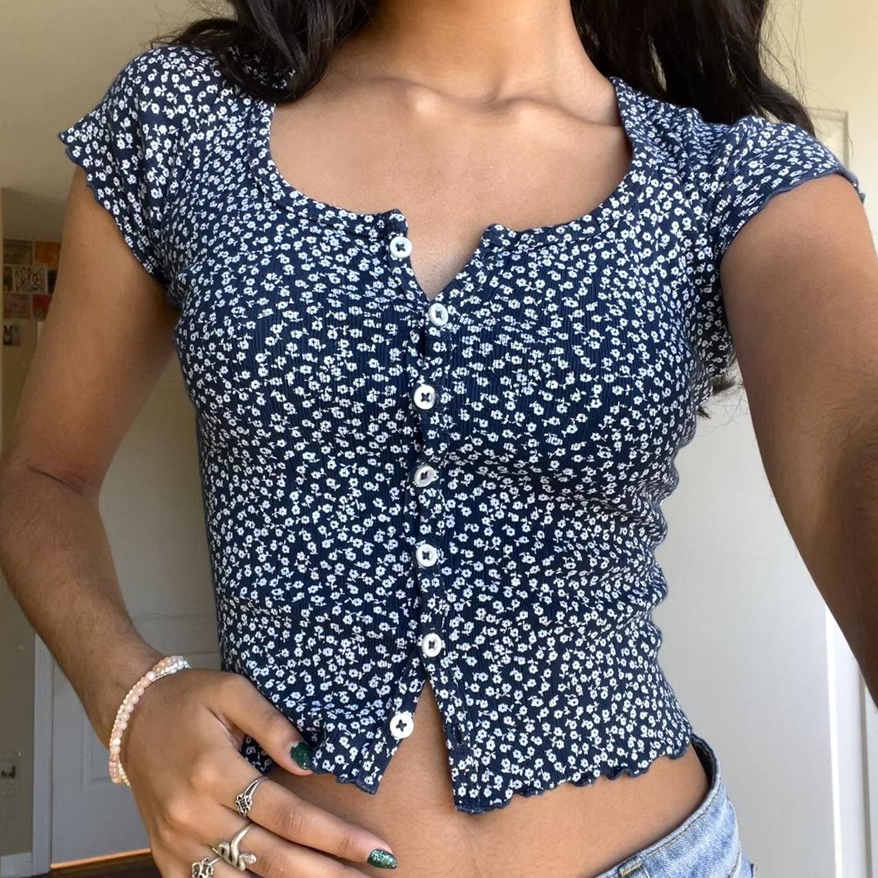 Brandy Melville Navy Floral Button Up Crop Top Navy - Depop