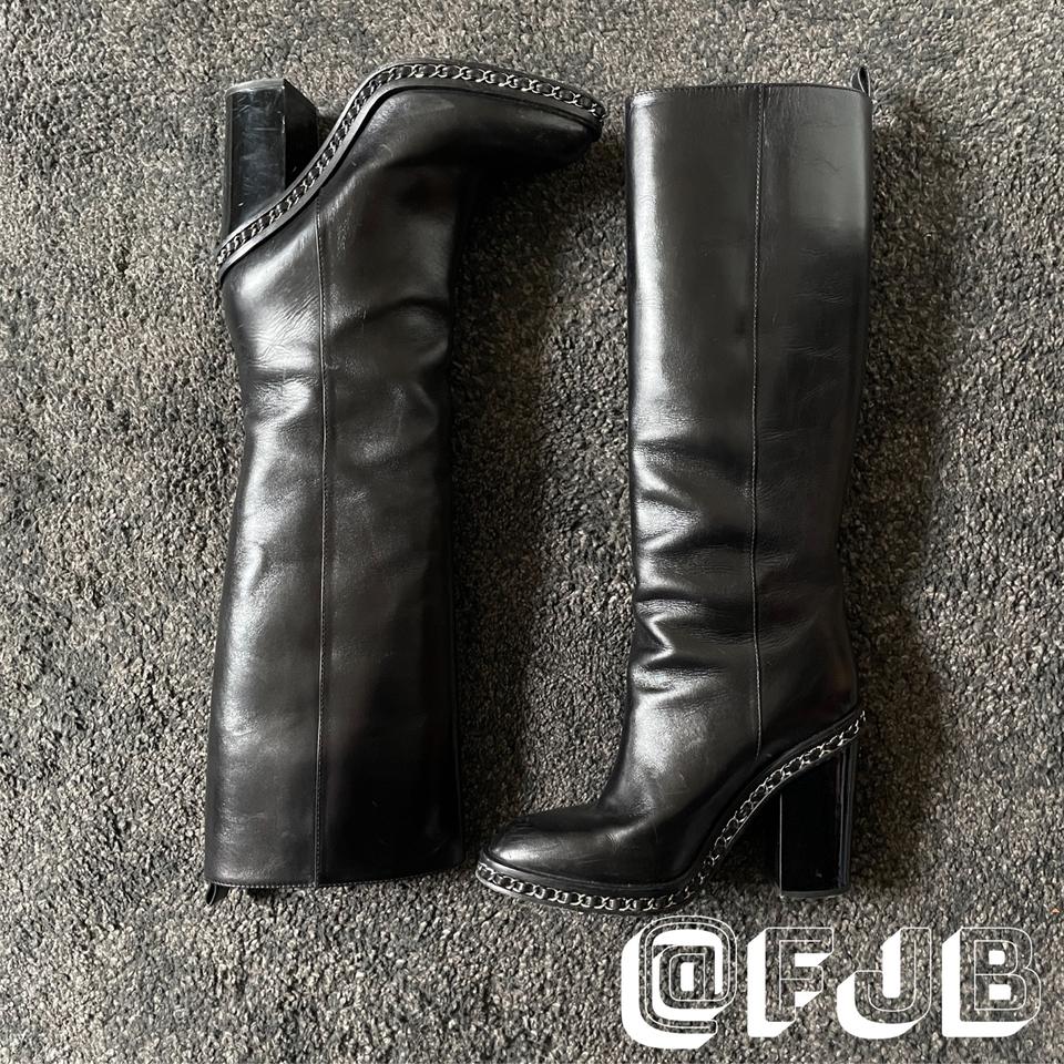 item: chanel chain leather knee high boots size: - Depop