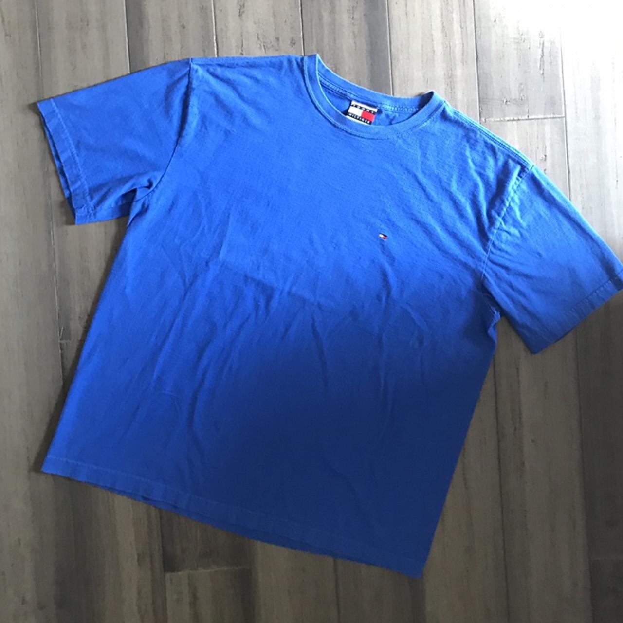 Vintage Tommy Hilfiger Tee in Royal Blue. Small flag - Depop