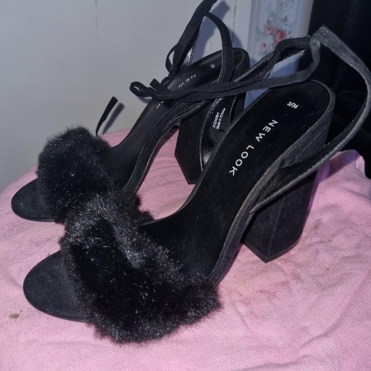 Black fluffy cheap block heels