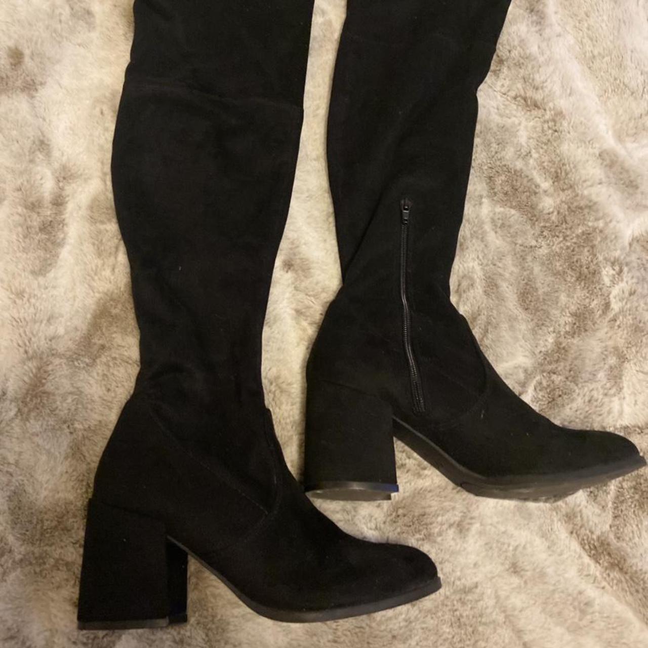 Faux suede Unisa black knee boots with block heel... - Depop