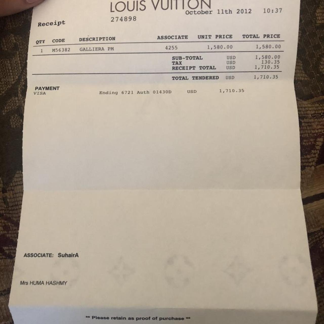 Louis Vuitton Receipt Code