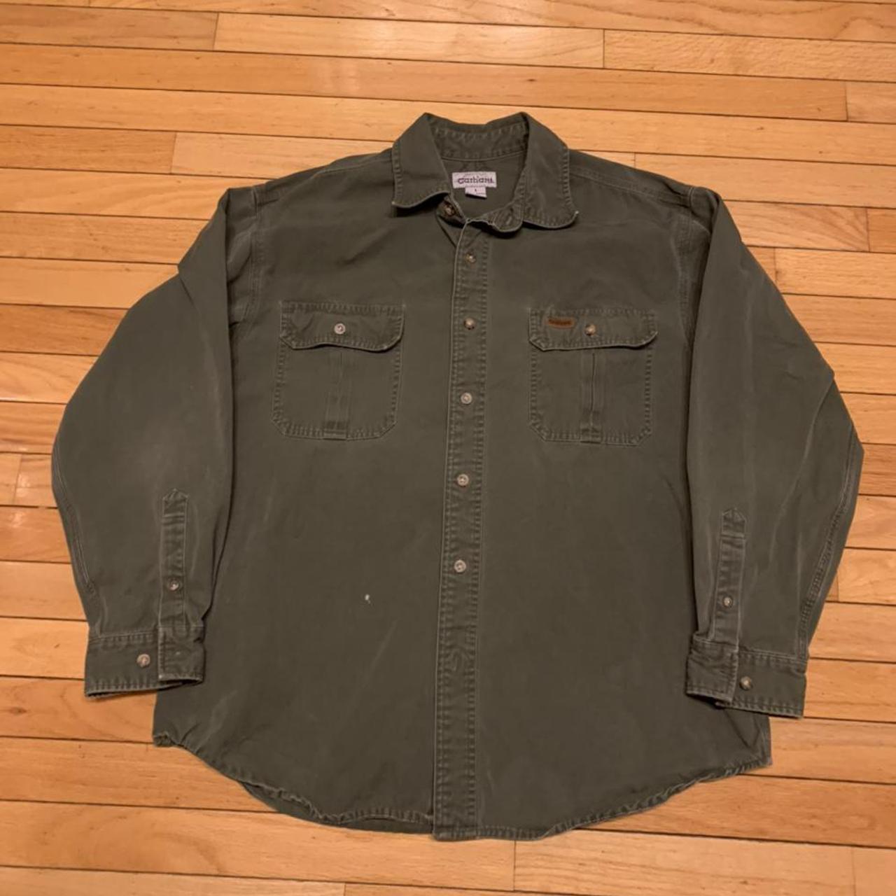 Vintage Carhartt Olive green button up denim shirt... - Depop