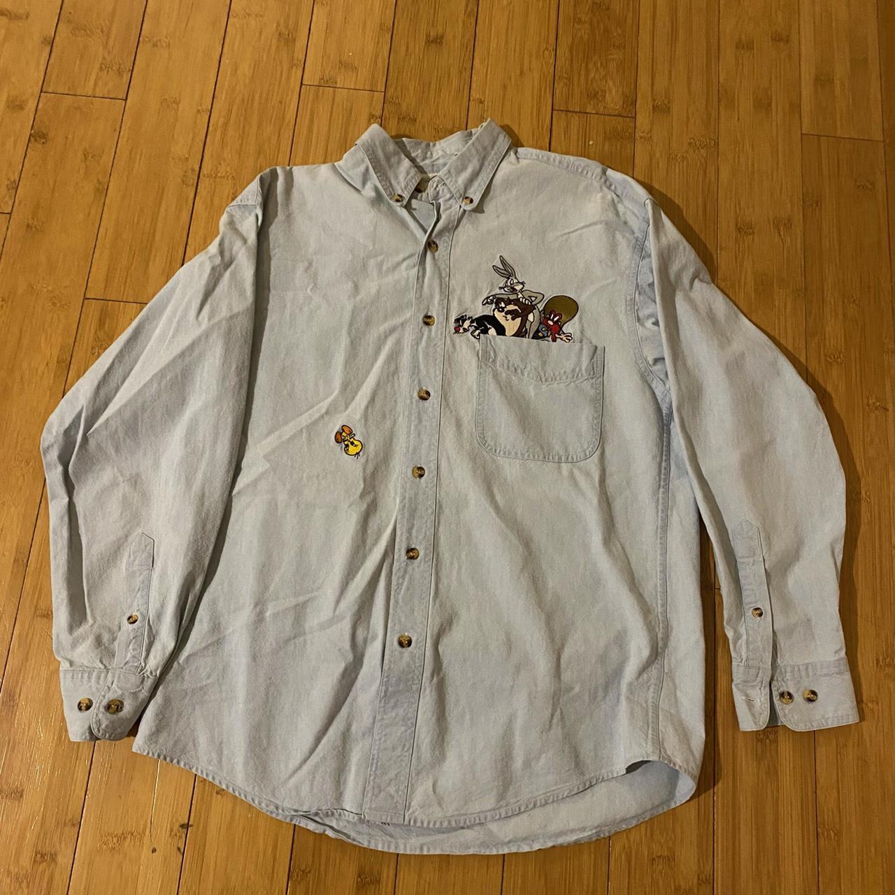 Vintage Looney Tunes light wash denim button down!... - Depop