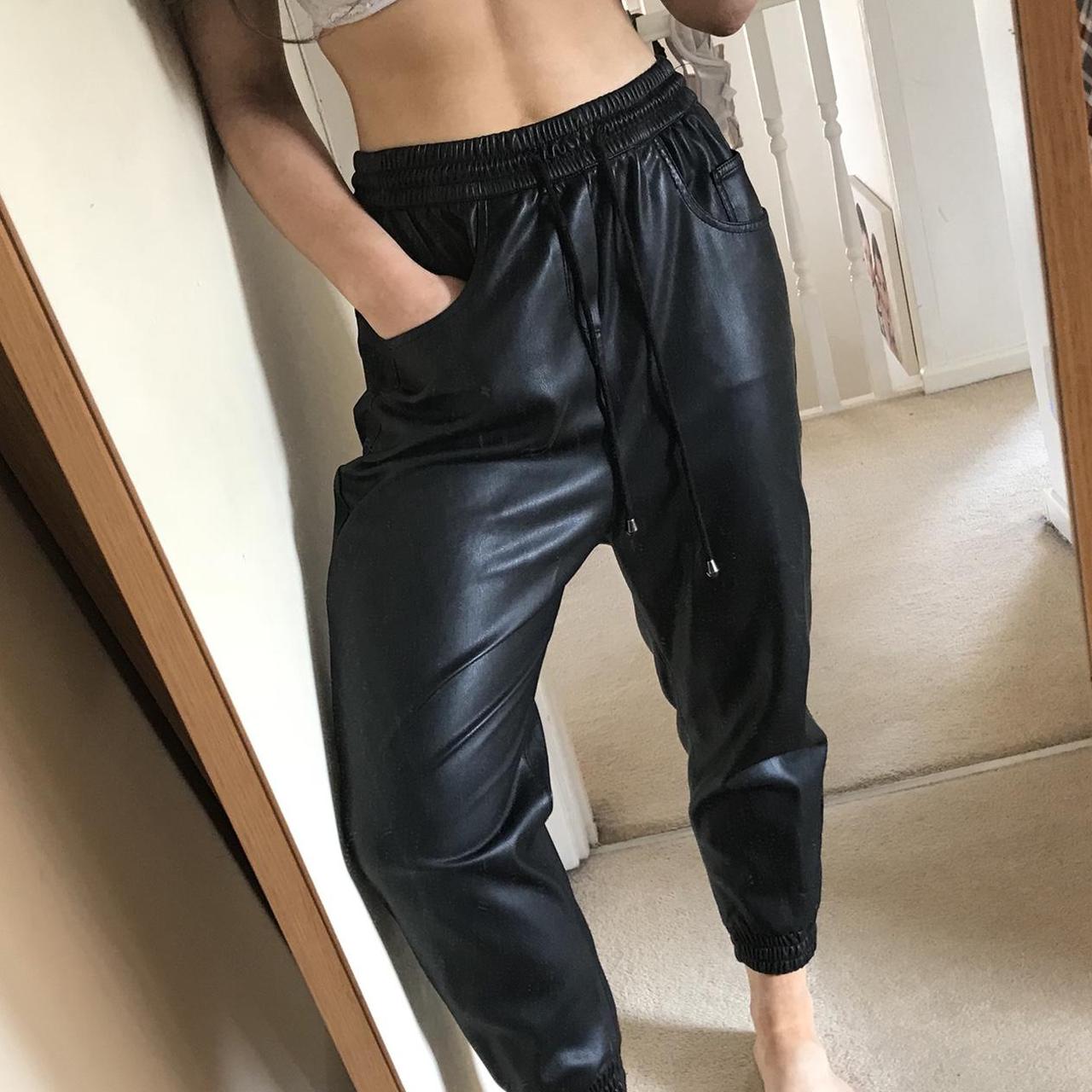 Faux leather jogging trousers zara Black leather... Depop