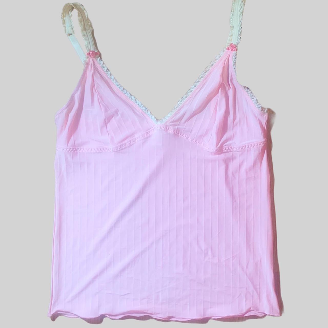 sheer lace trimmed baby pink cami ️ hot pink flowers... - Depop