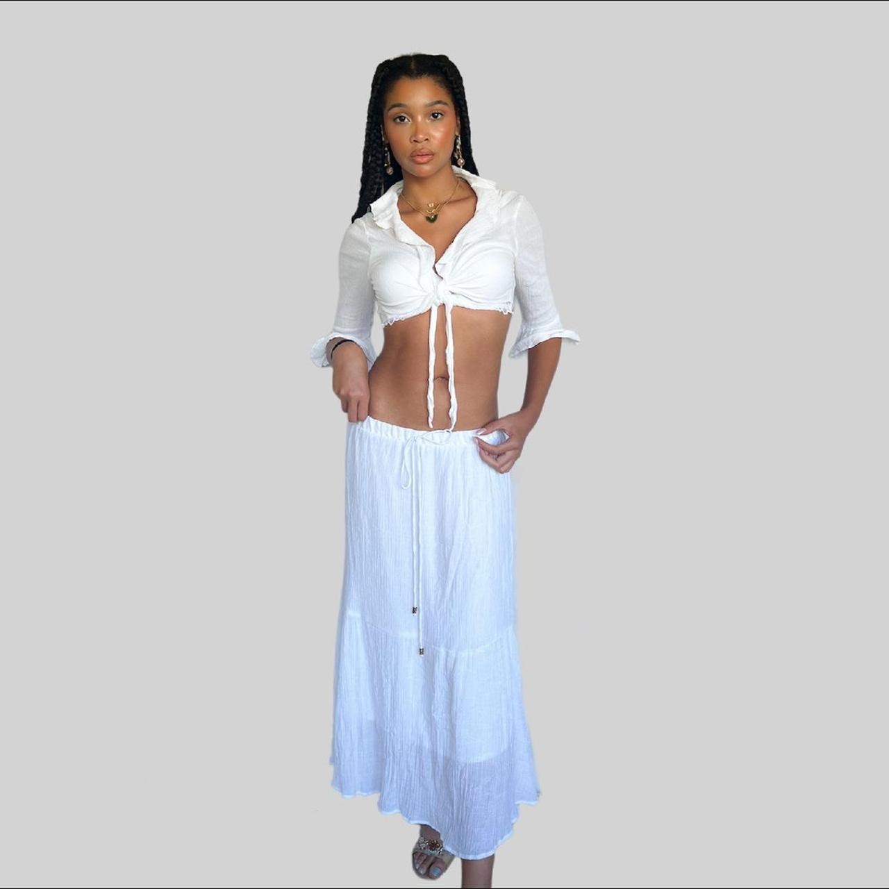 white tiered maxi skirt ️ asymmetrical cut ️ sheer... - Depop
