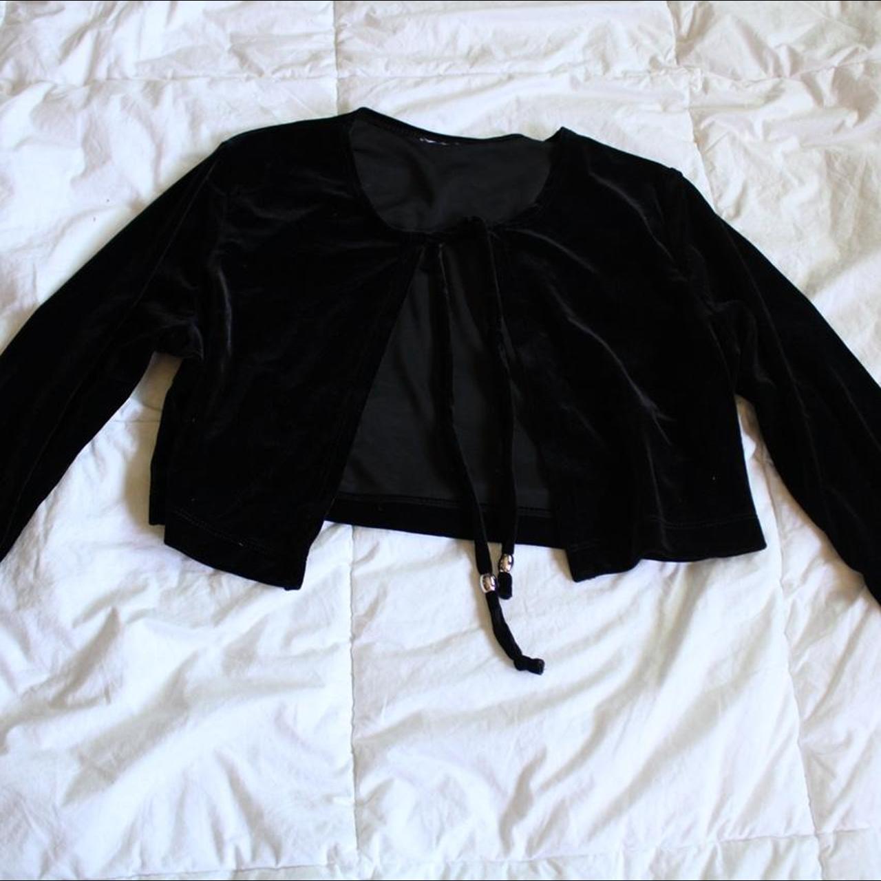 Black velvet cardigan open front with tie front dark - Depop