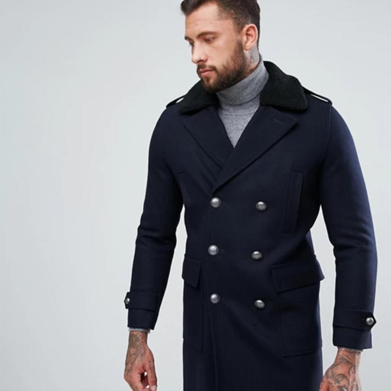 ASOS Trench Coat with borg collar in navy, size is... - Depop