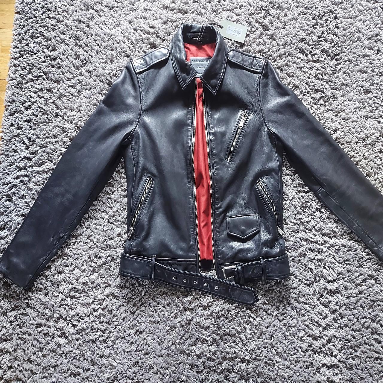 Allsaints black leather jacket with red lining. Depop