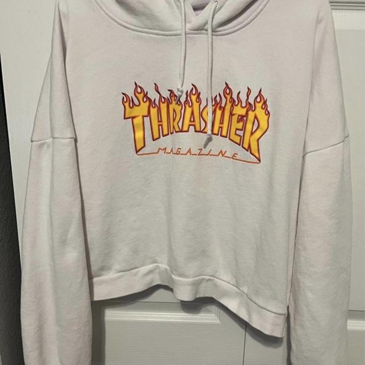 Thrasher white cropped hoodie sweatshirt size large - Depop