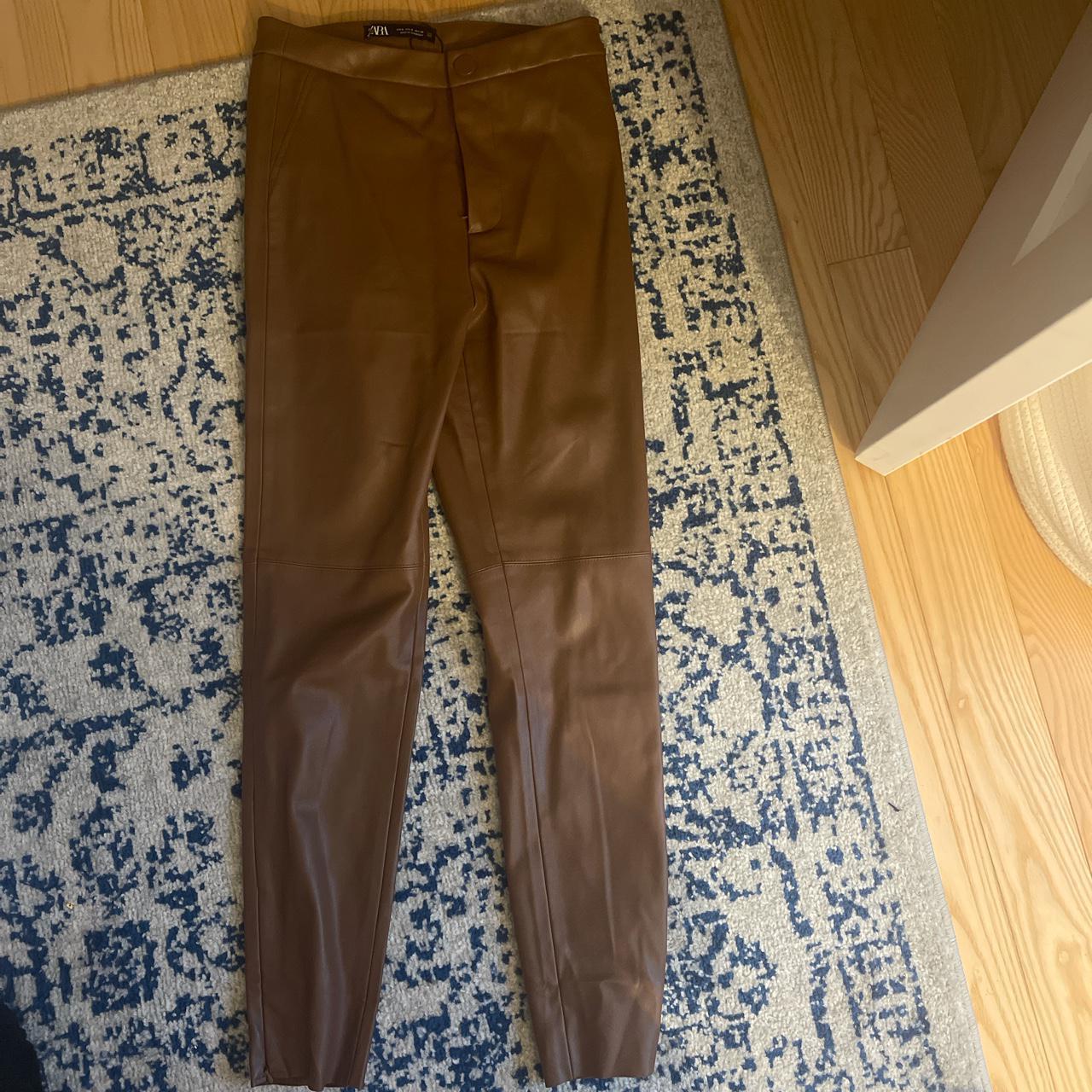Zara brown leather pants size S #fall #nee #zara - Depop
