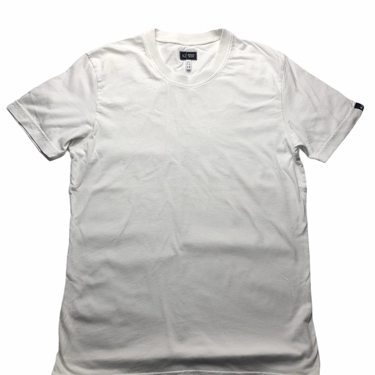 Armani Men's White and Navy T-shirt | Depop