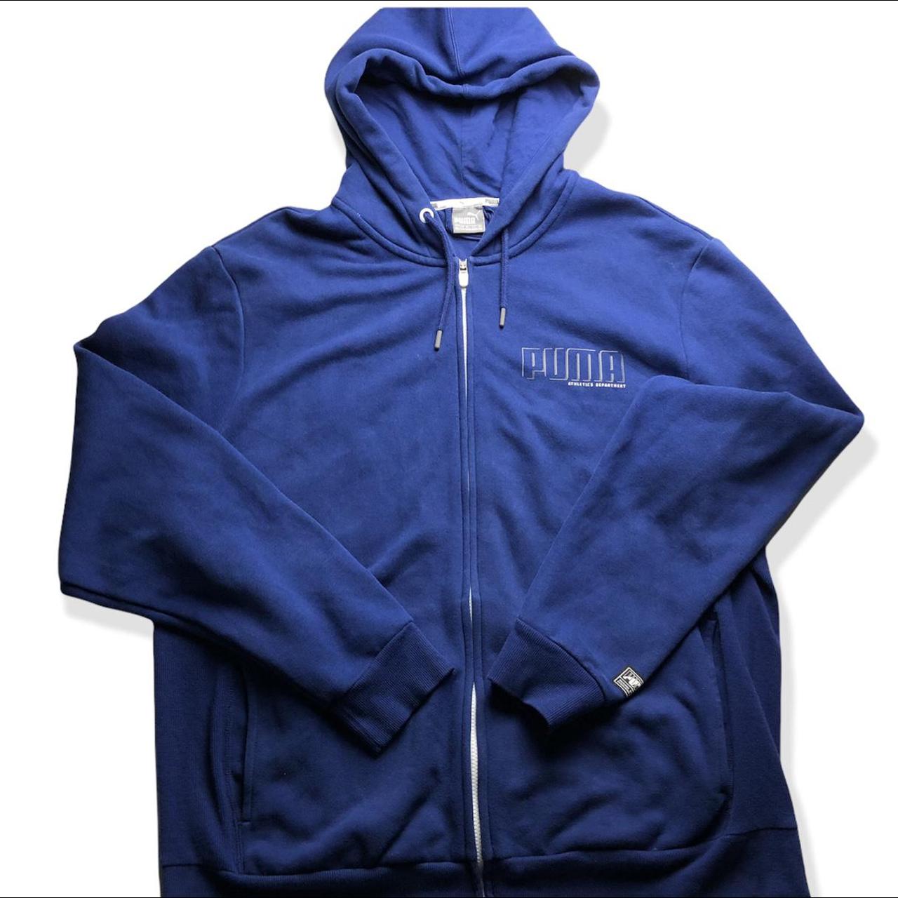 Blue puma hoodie jacket. Featuring puma logo on the... - Depop