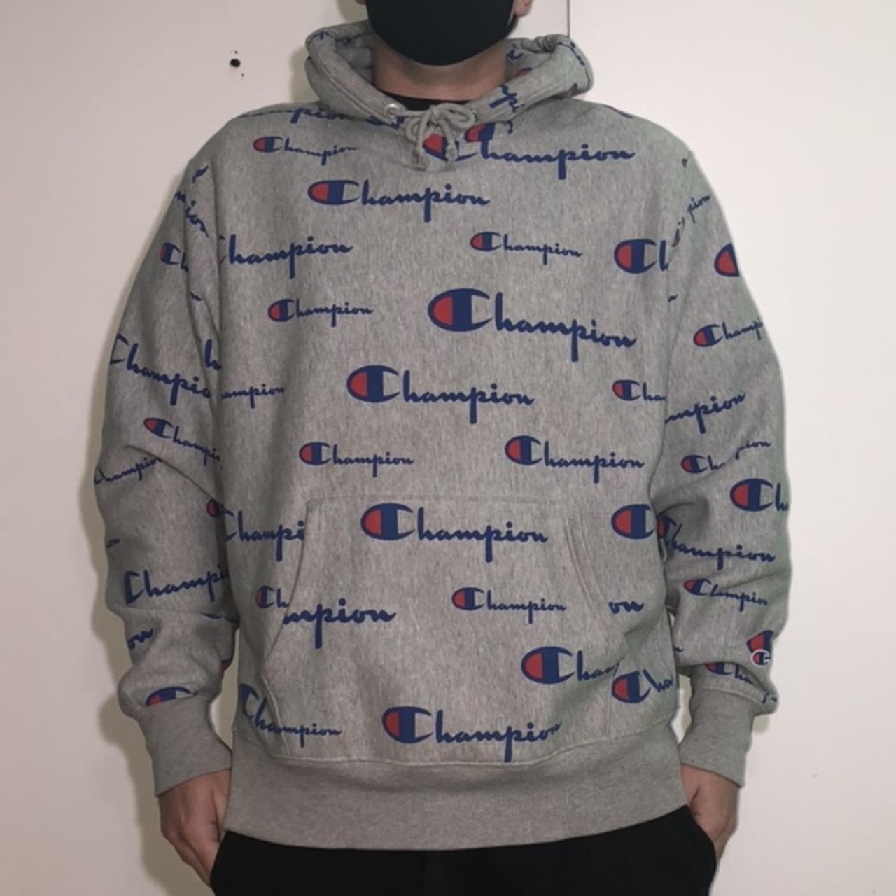 Champion fashion reverse weave allover script grey hoodie