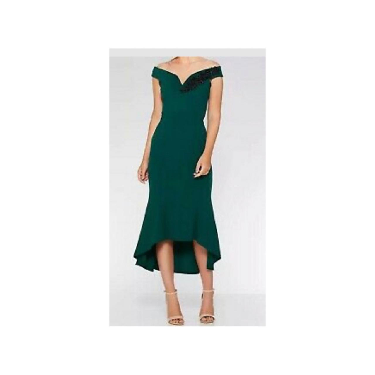 Quiz Dress, Bottle green Bardot dip hem dress Depop