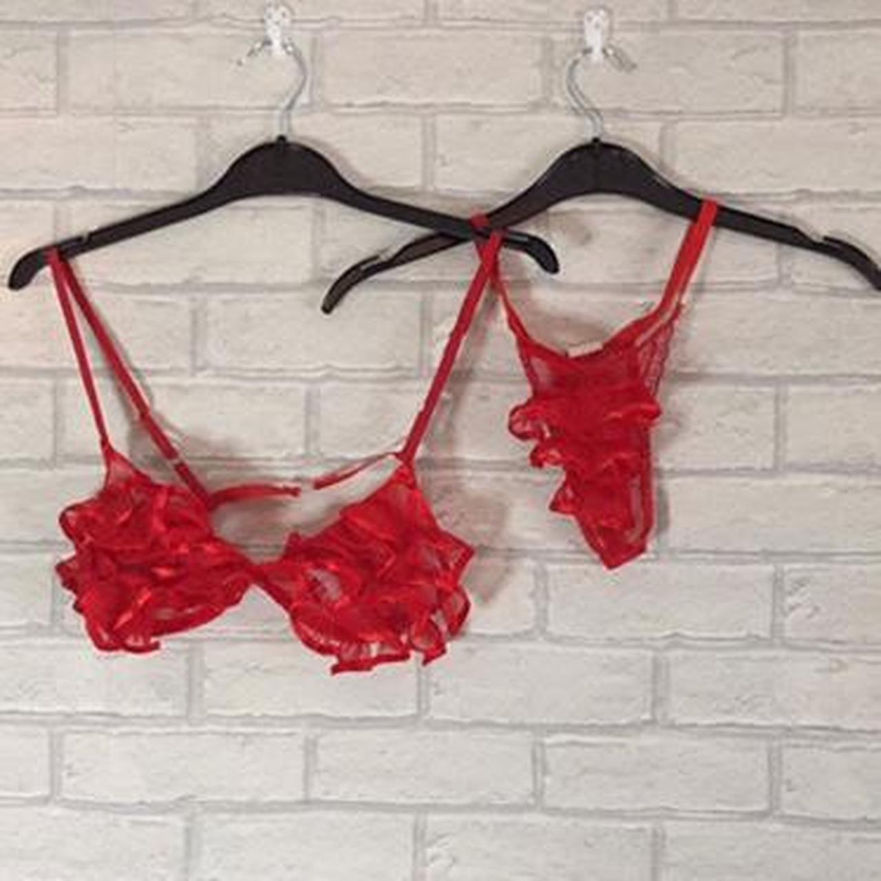 Red sheer lace mesh cami top / lingerie with ruffle - Depop