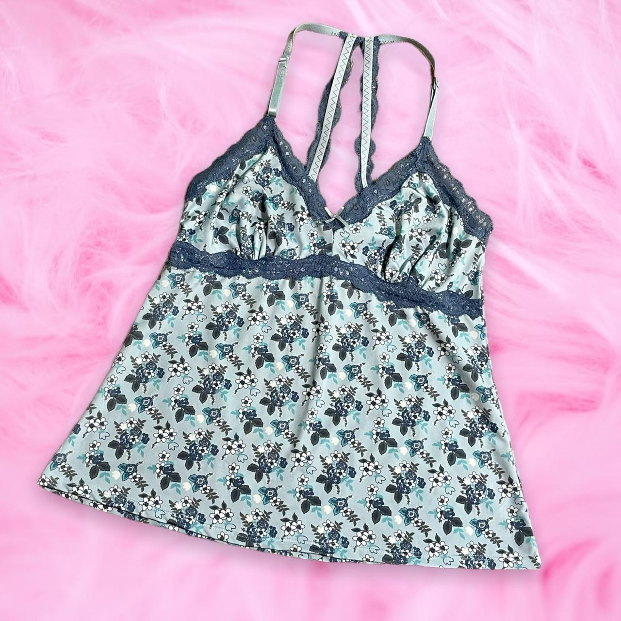 S Blue Floral Babydoll Cami Top With Lace Trim Depop