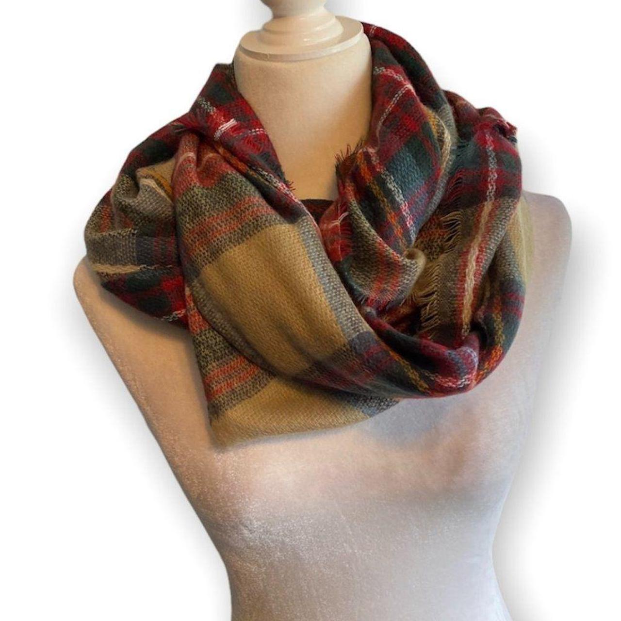 Look Plaid Earthtone Infinity Wool Blend Scarf... - Depop