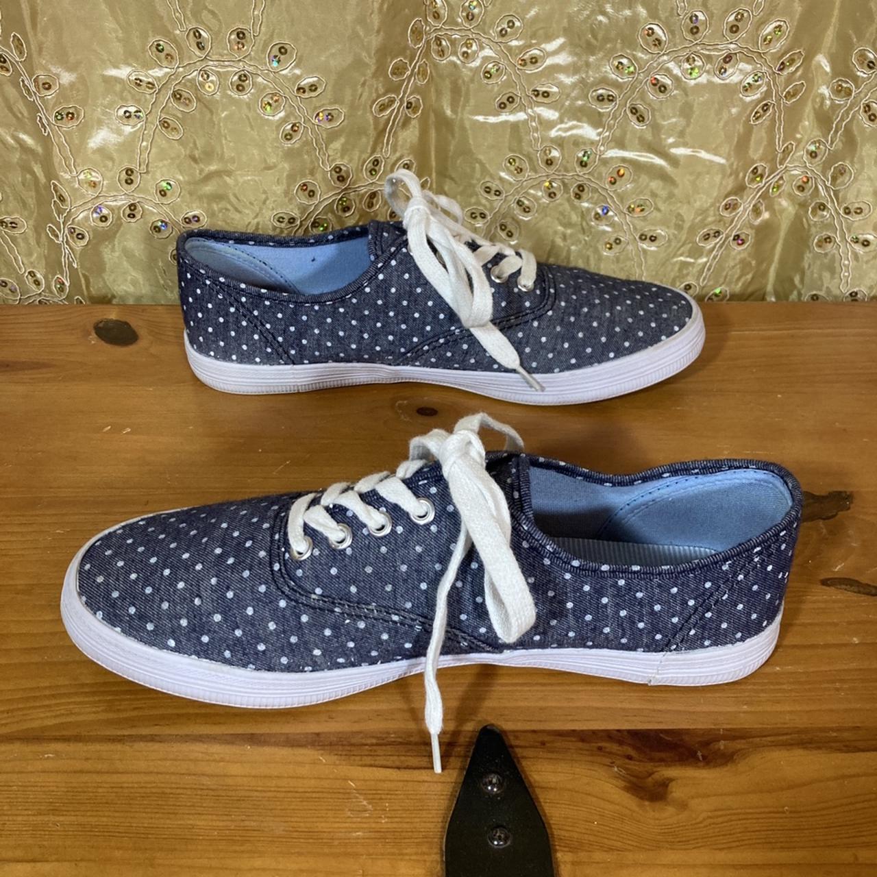 Blue Lace up sneakers with polka dot print pattern.... - Depop
