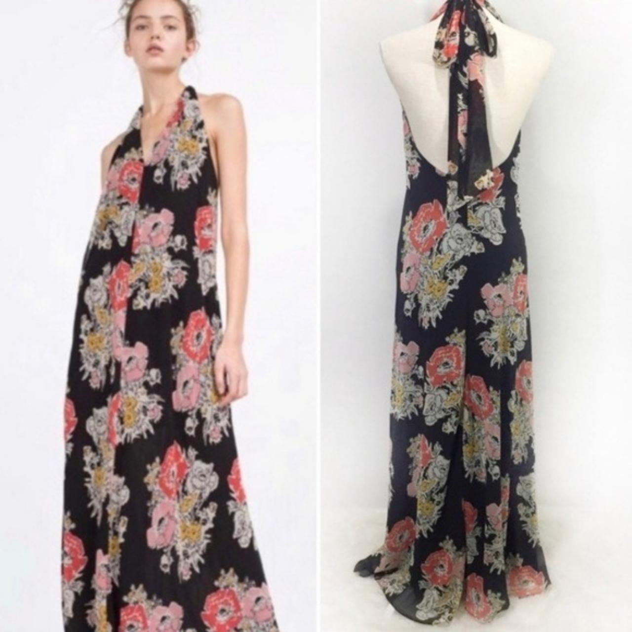 Zara Trafaluc Floral Halter Maxi Dress Size M, Black - Depop