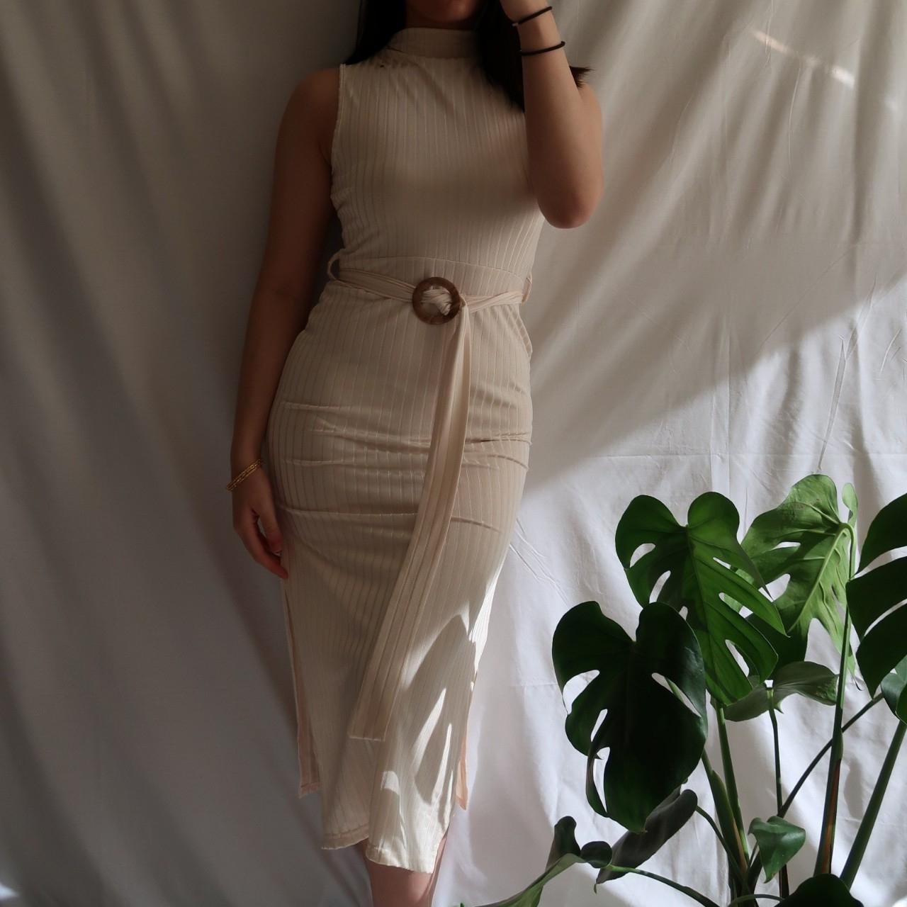 High Neck Ribbed Bodycon Dress With Belt Accent And Depop