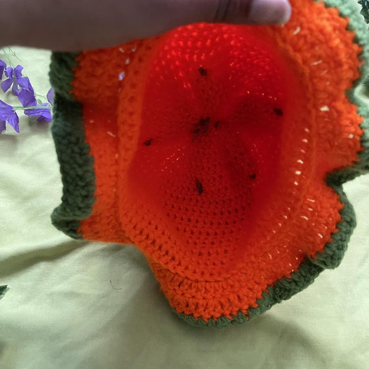 orange fruit crochet bucket hat with ruffle hem// Depop