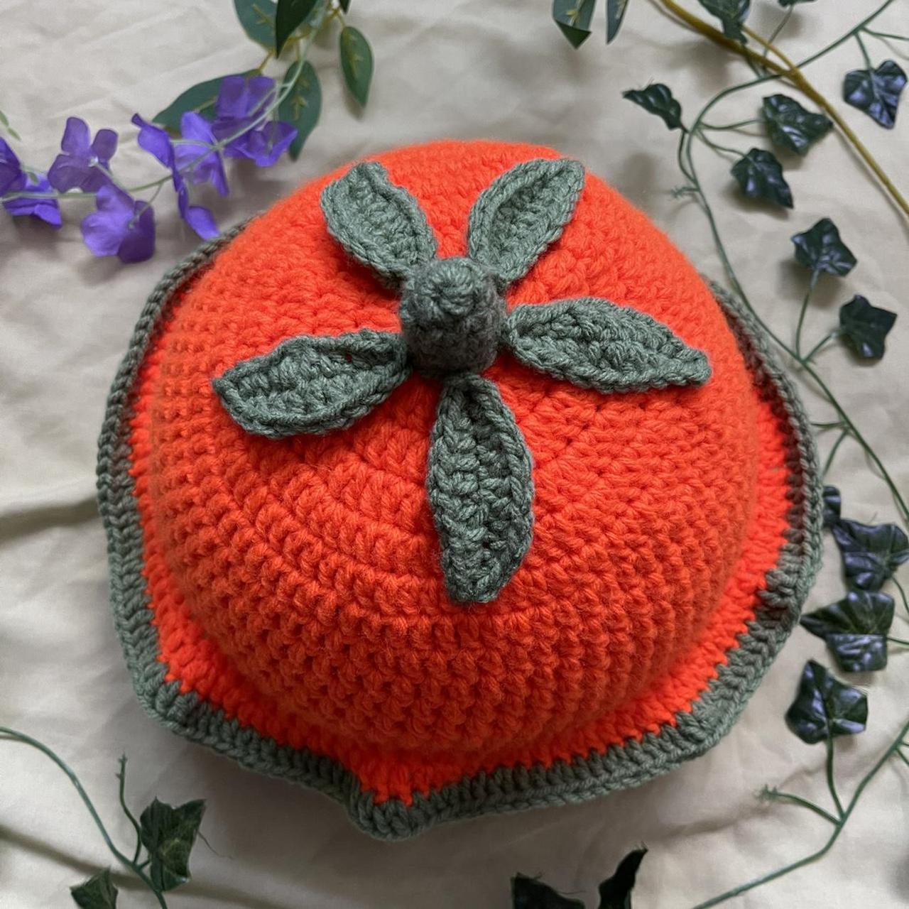 orange fruit crochet bucket hat with ruffle hem// Depop