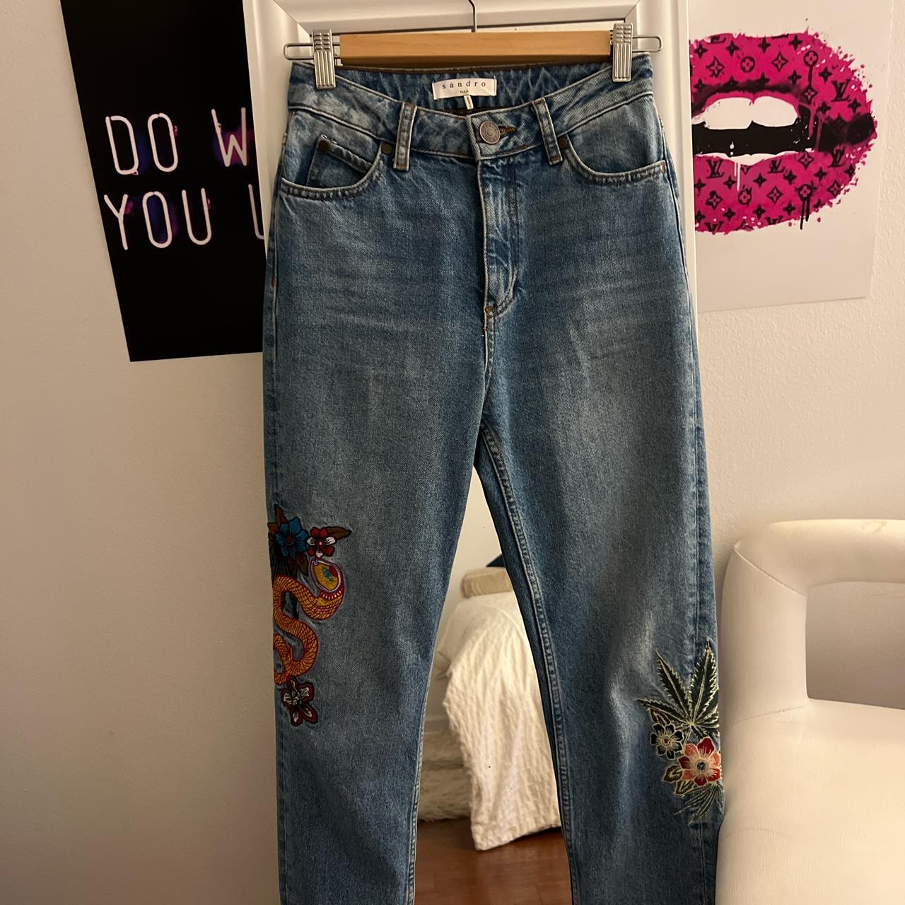 Vintage Sandro denim jeans with cute patches on the... - Depop