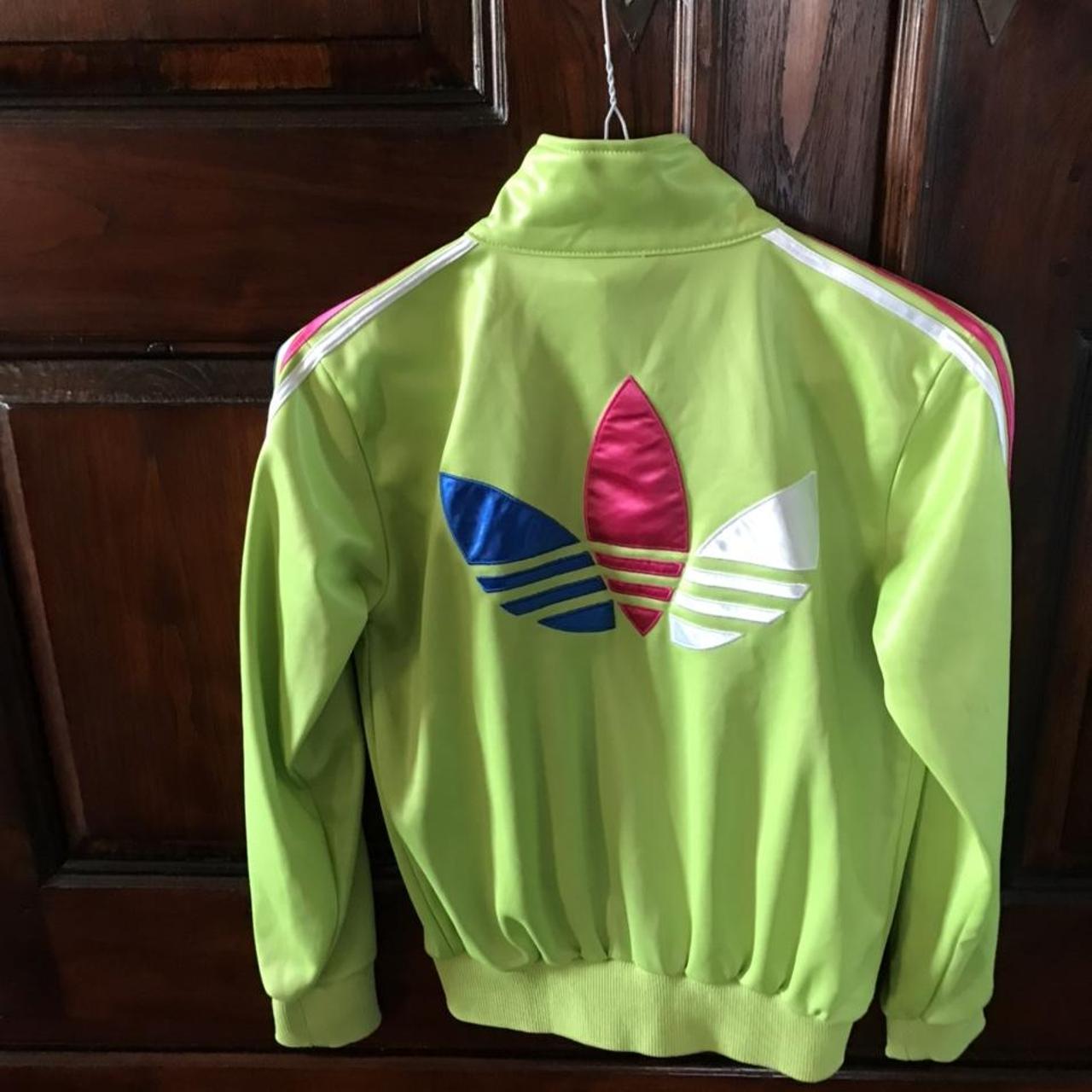 Vintage neon green Adidas zip up with pink, blue and... Depop