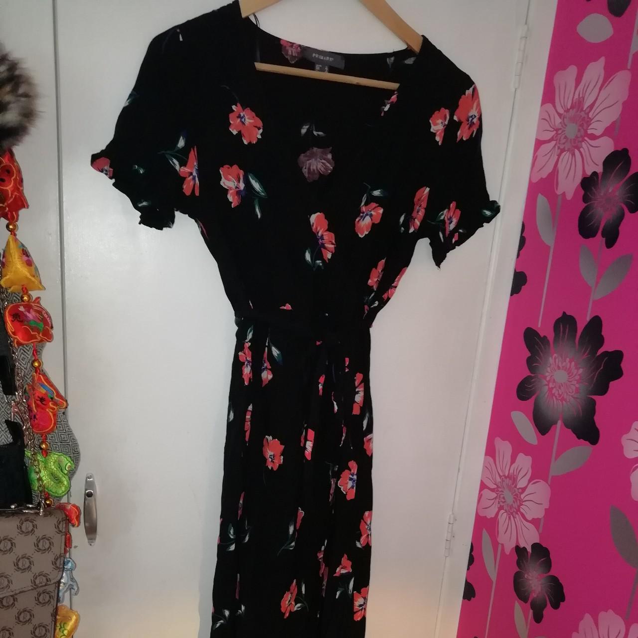 Primark Pink And Black Floral Midi Dress Size 10.... - Depop