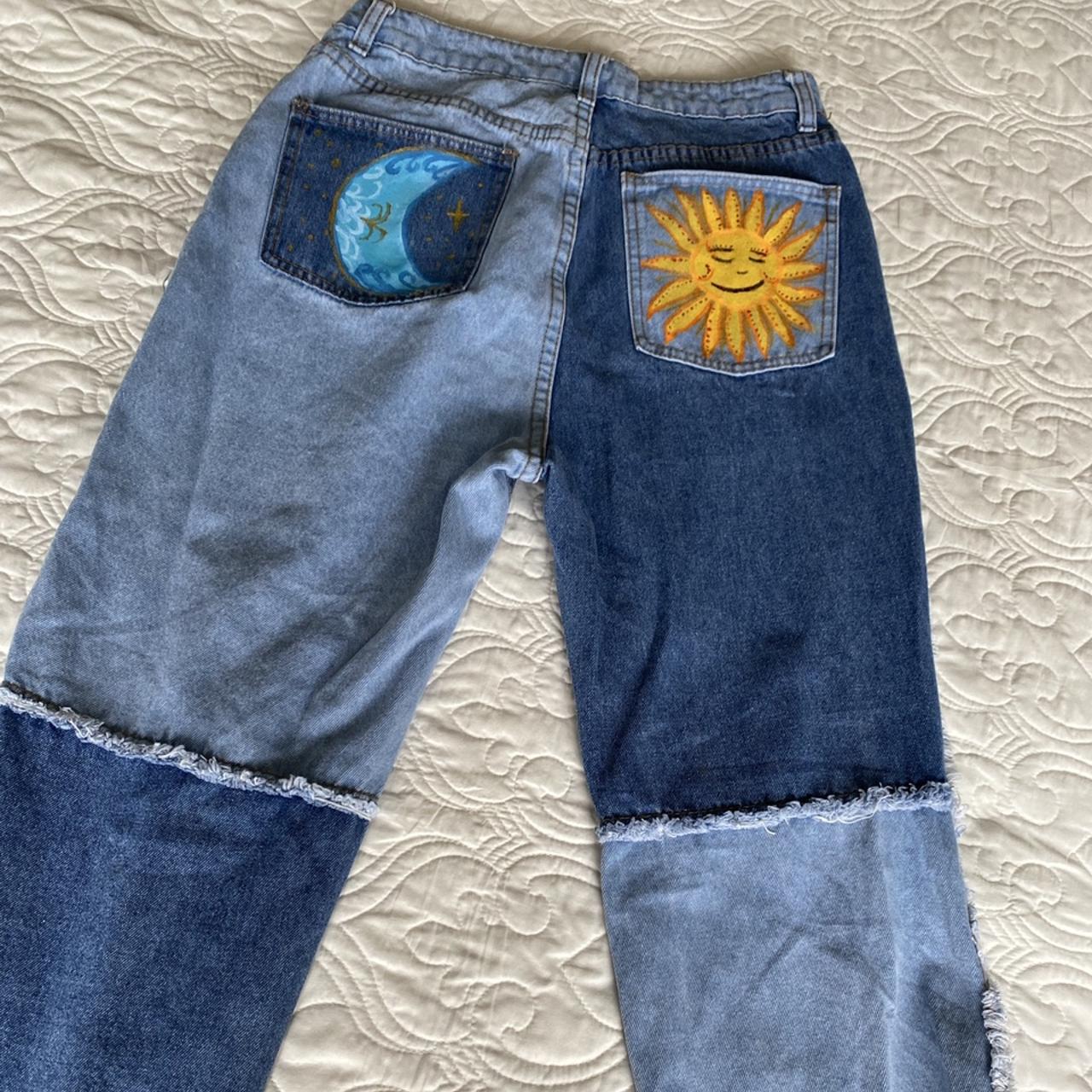 Hand painted sun and moon jeans! Super cute split... - Depop