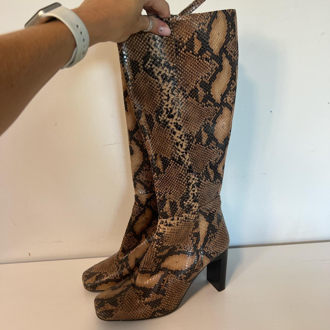 OFFICE faux snakeskin brown knee high heeled boots.... - Depop