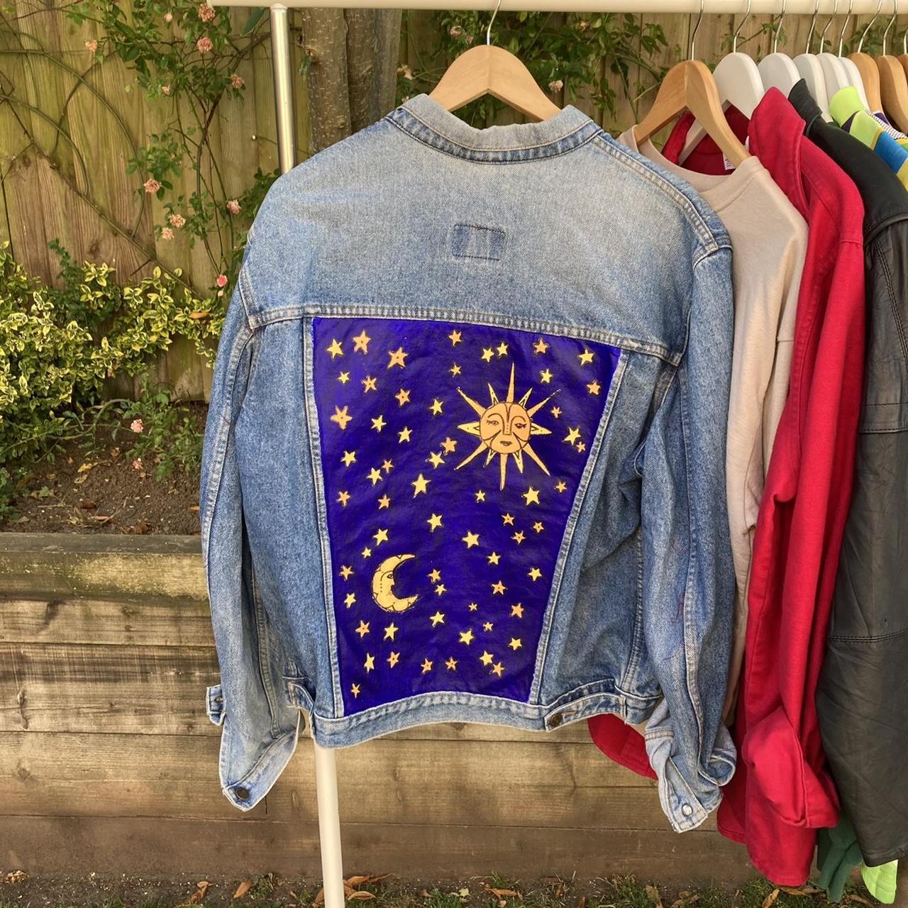 hand painted denim jacket ! celestial print that I - Depop