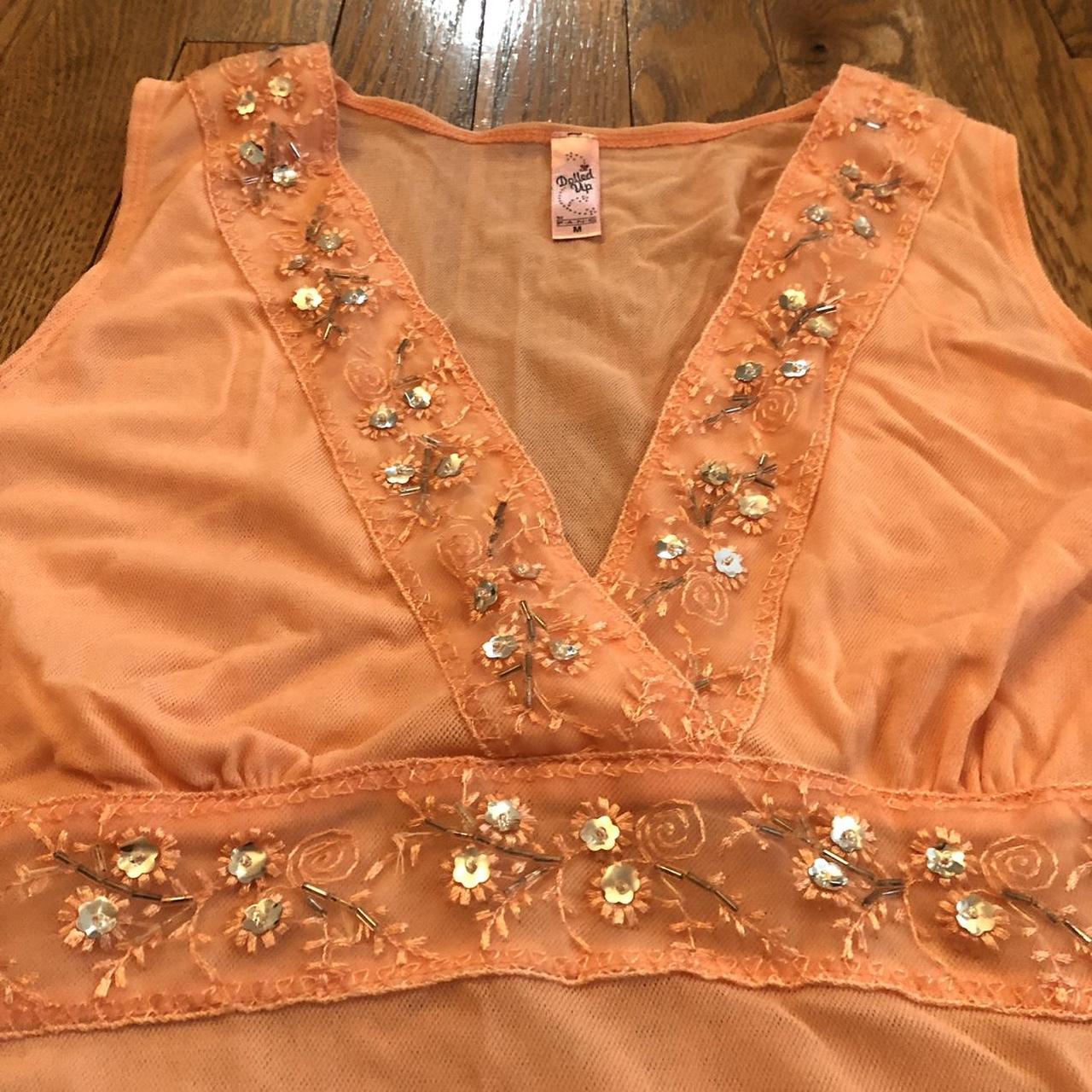 Dreamy peachy creamsicle-colored mesh empire waist... - Depop