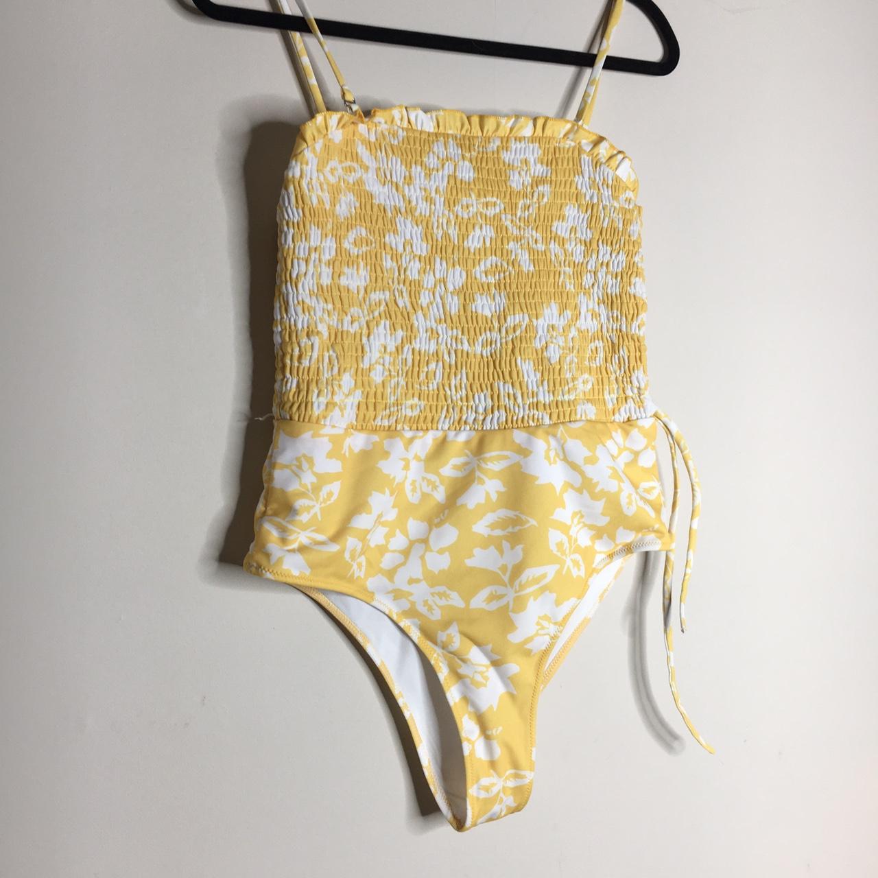 Yellow and white floral swimming costume, women’s... - Depop