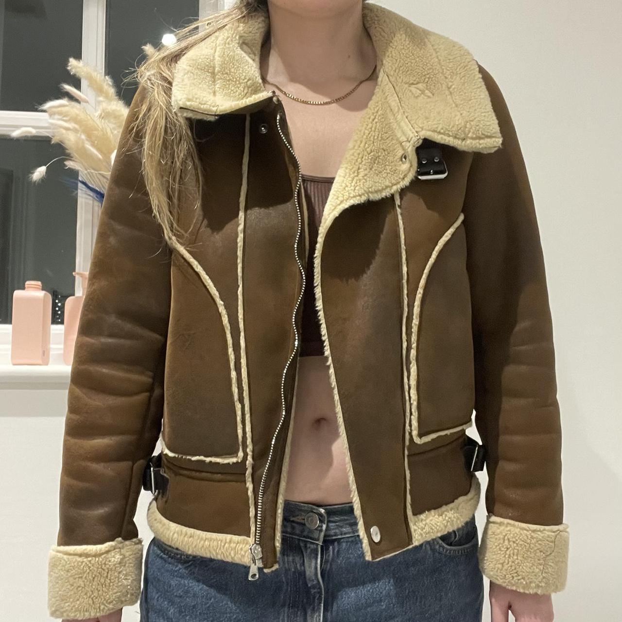 Zara shearling jacket in tan faux suede with a cream... Depop