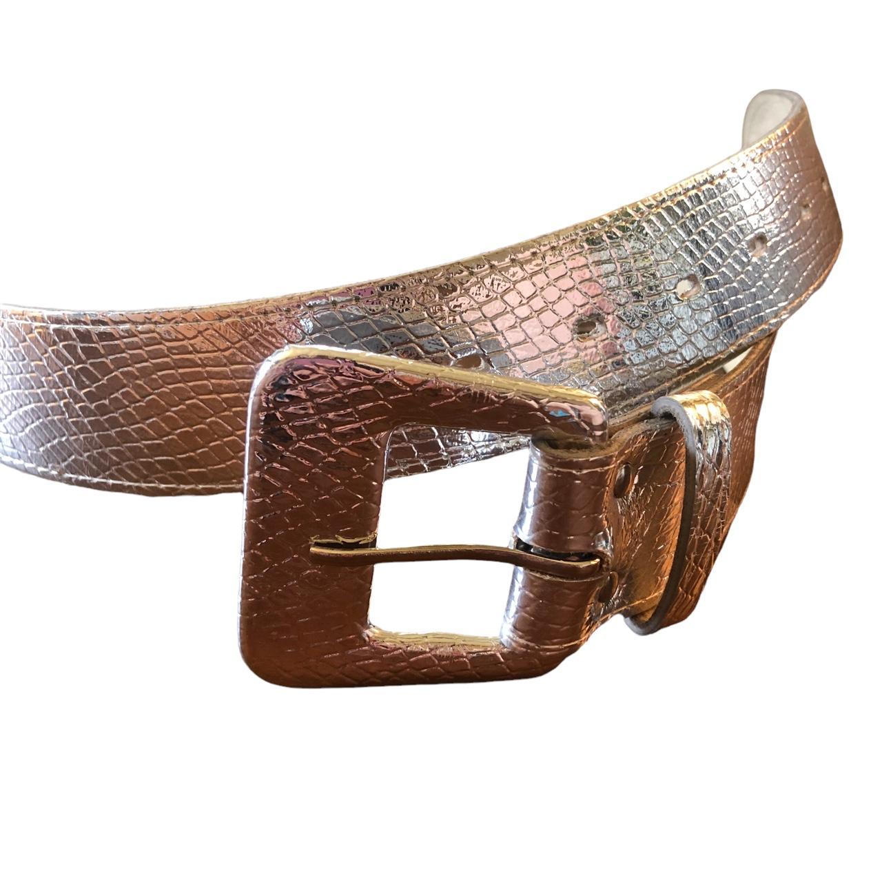 Vintage Metallic Silver Leather Belt with Snakeskin... Depop