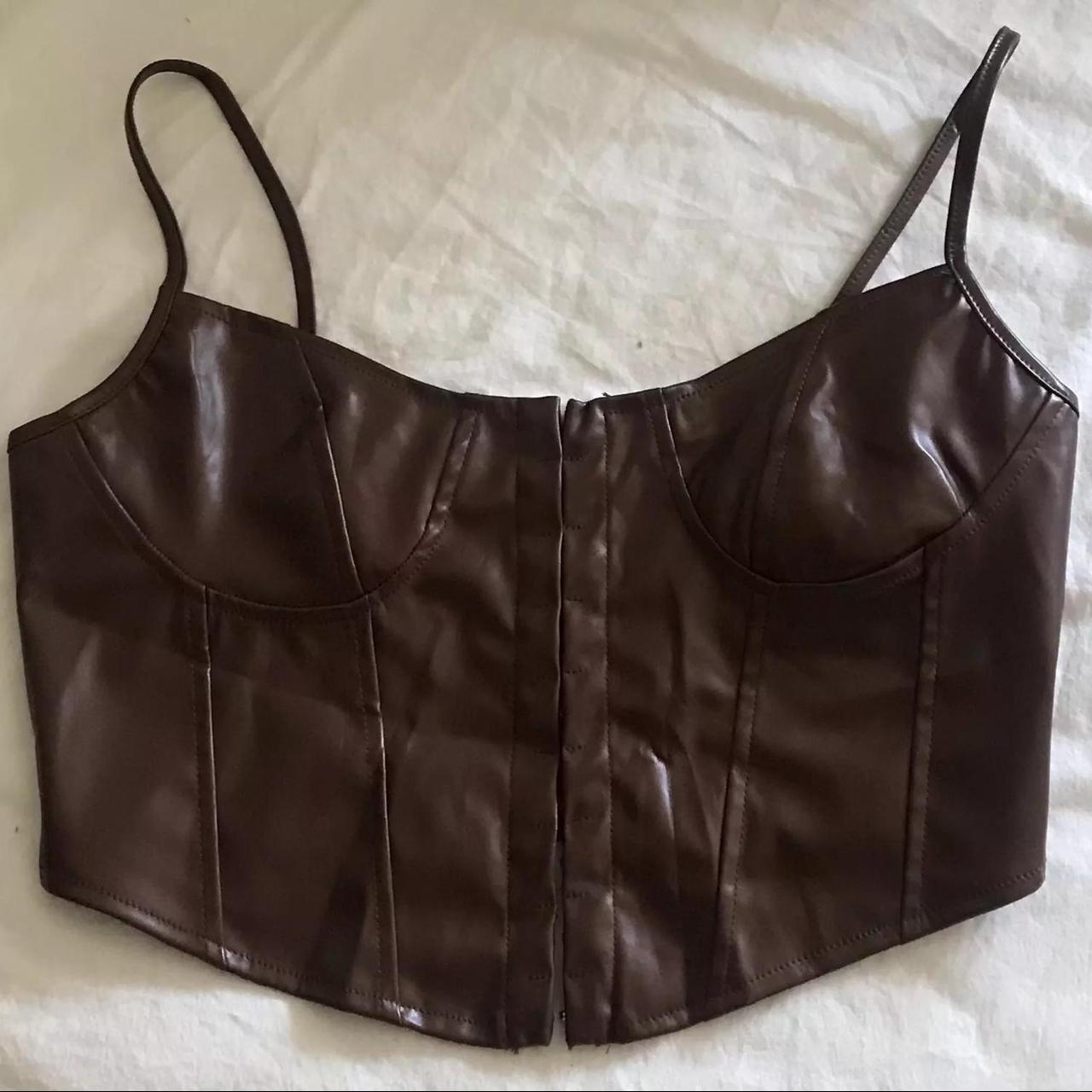 Brown Y2k Top Skinny Leather Crop Tops Solid Vintage... - Depop