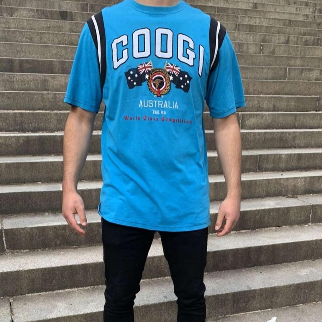 Coogi Men's Blue and White T-shirt | Depop