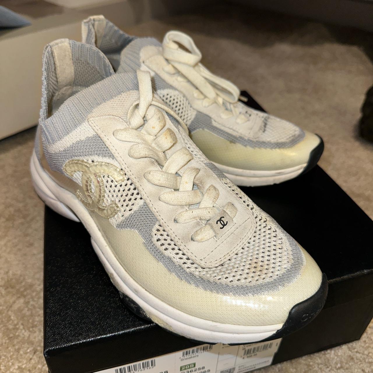 Chanel Women's White and Grey Trainers | Depop